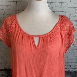 Suzanne Betro Short Sleeve Sheer Lace Trim Keyhole Neckline Coral Blouse XL